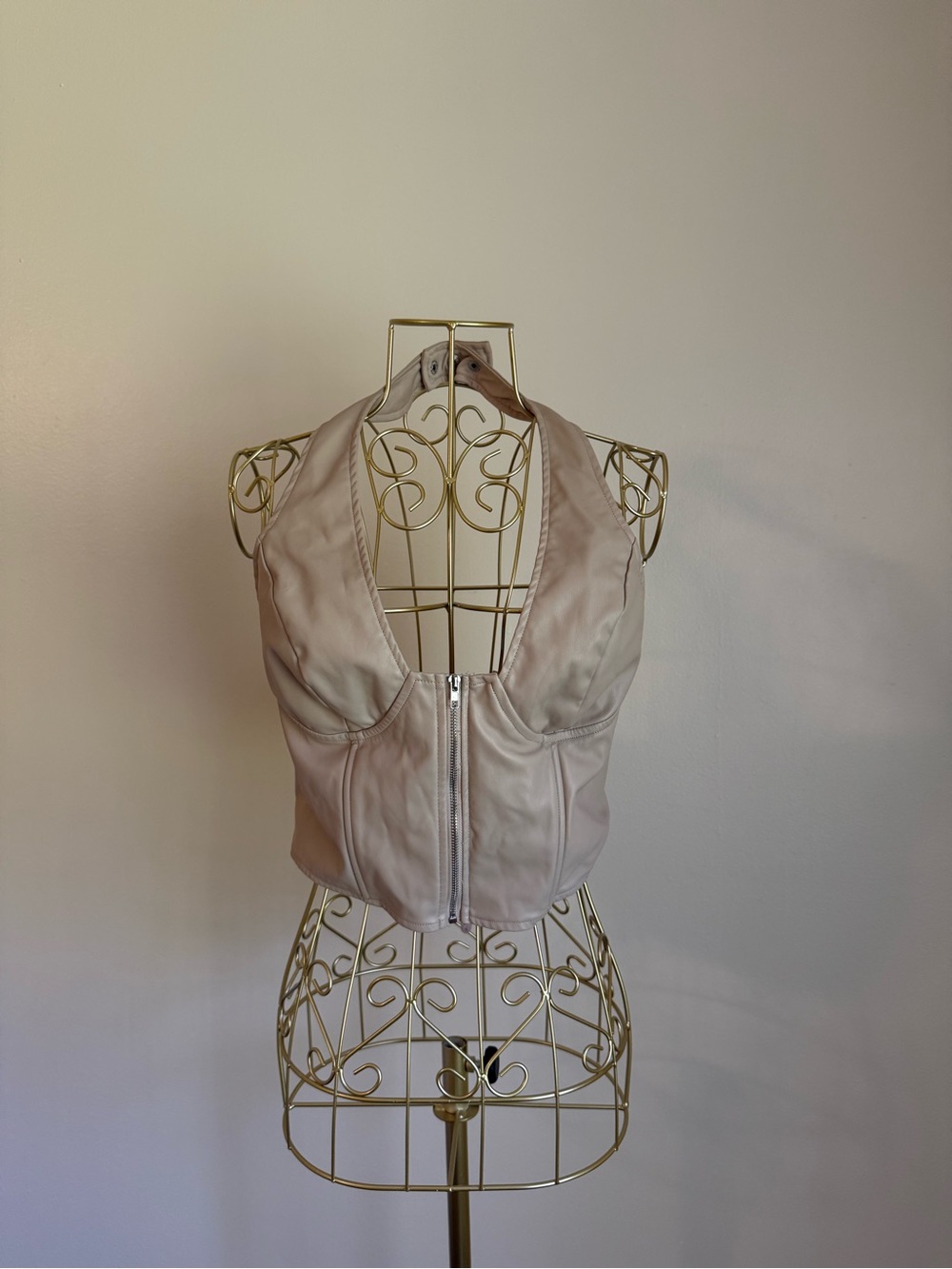 Fashion Nova Light Beige front zip Halter Crop Top